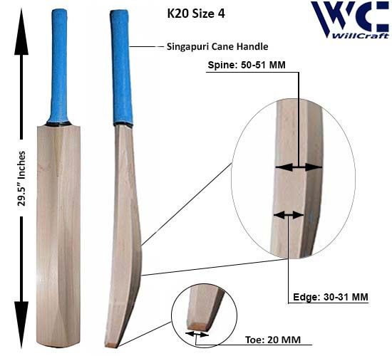 WillCraft K20 Size 4 Kashmir Willow Plain Cricket Bat_New