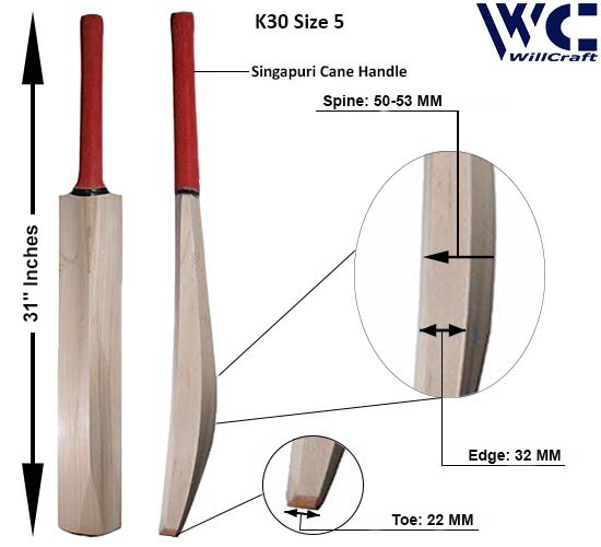 WillCraft K30 Size 5 Kashmir Willow Plain Cricket Bat_New