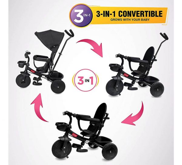 Pushing Handle and Grow-with Head for 1-3 Years Old Toddler ChromeWheels Kids Tricycle with Canopy 